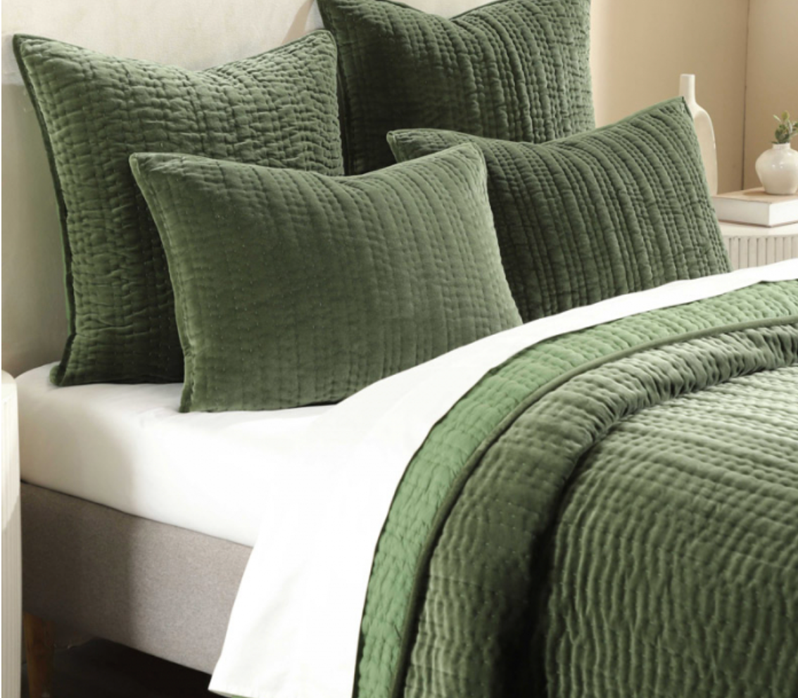 Ashley-K-GRN Velvet Hand Stitch Channel Quilted Standard Sham