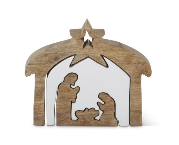55420B-1 wood nativity with withe enameled center cutouts