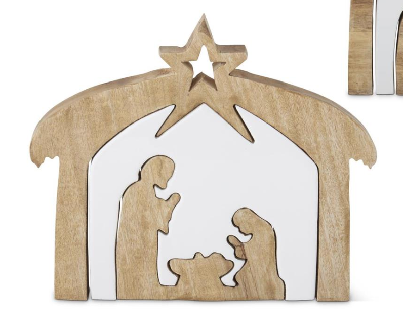 55420B-3 wood nativity with withe enameled center cutouts