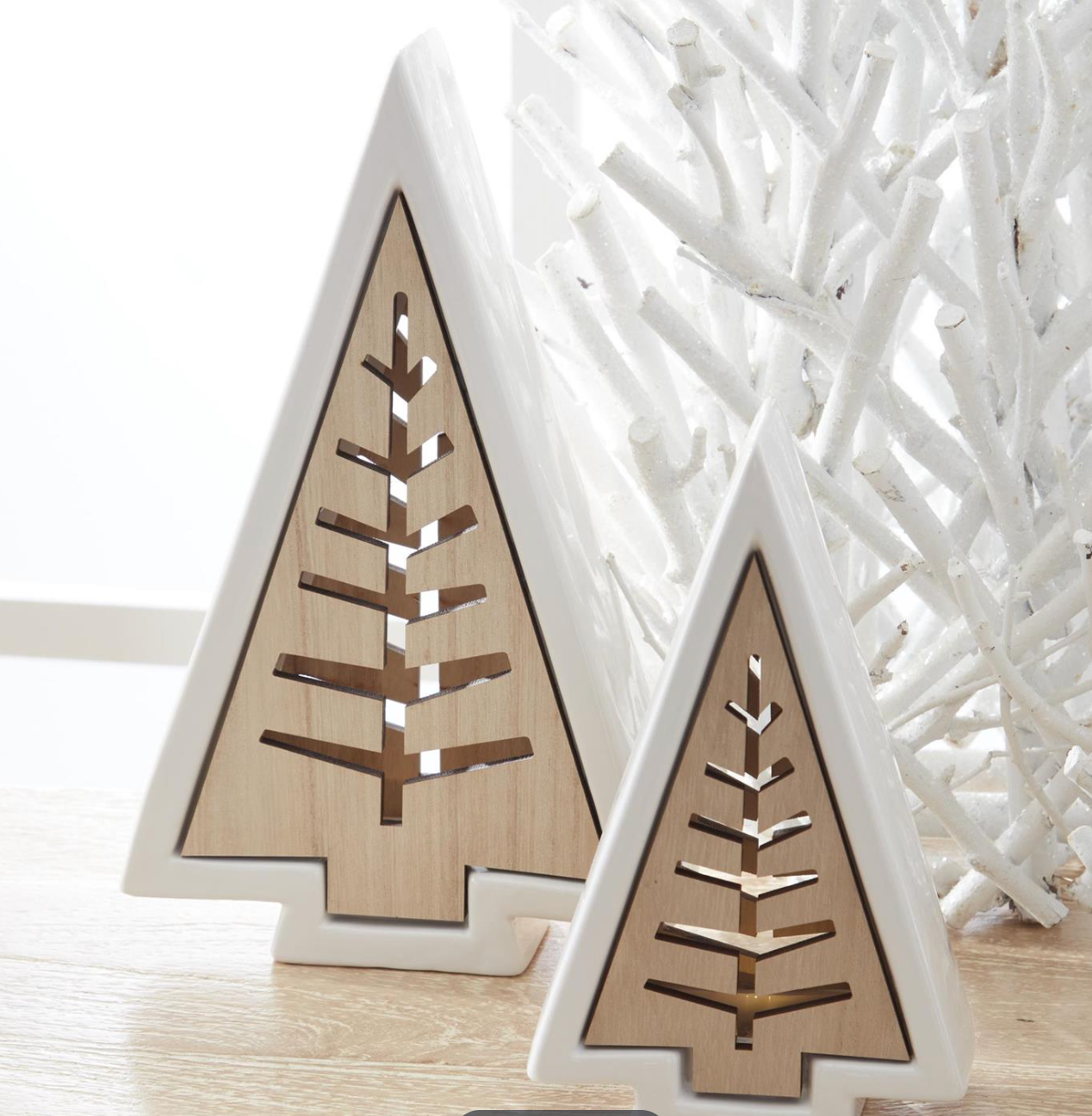 55906A-2 White dolomite wood Cutout insert Trees with Led light and timer