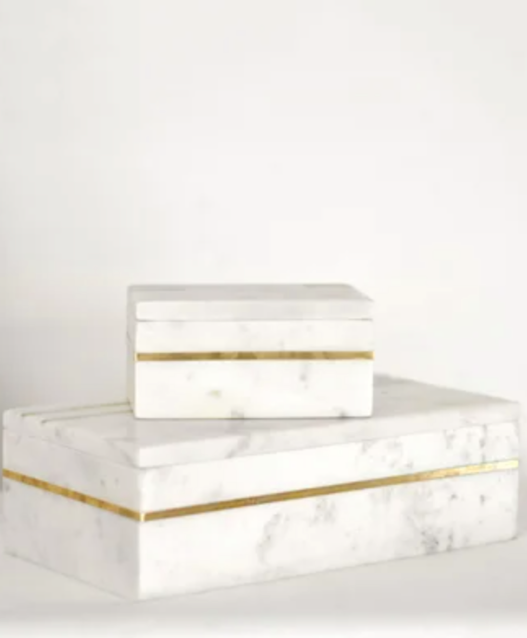 White Marble Box with Brass Inlay