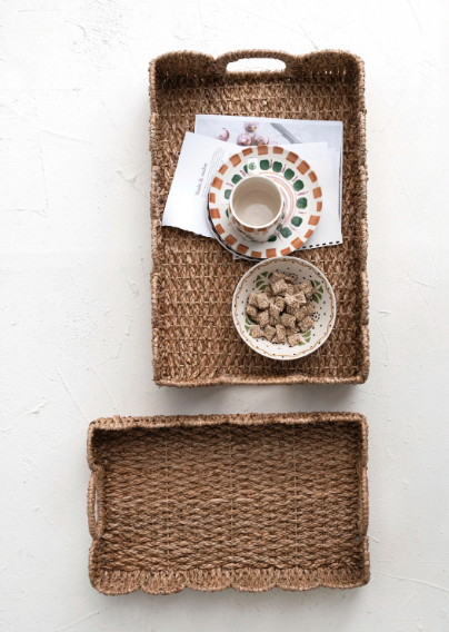 DF7887-L Decorative Braided Bankuan Tray w/ Handles & Scalloped Edge