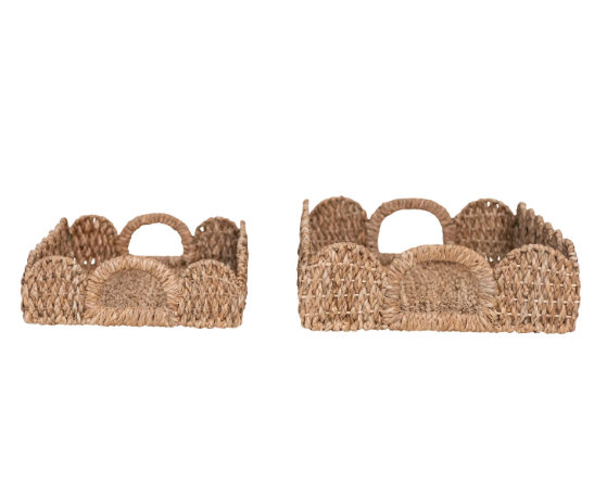 DF7887-L Decorative Braided Bankuan Tray w/ Handles & Scalloped Edge