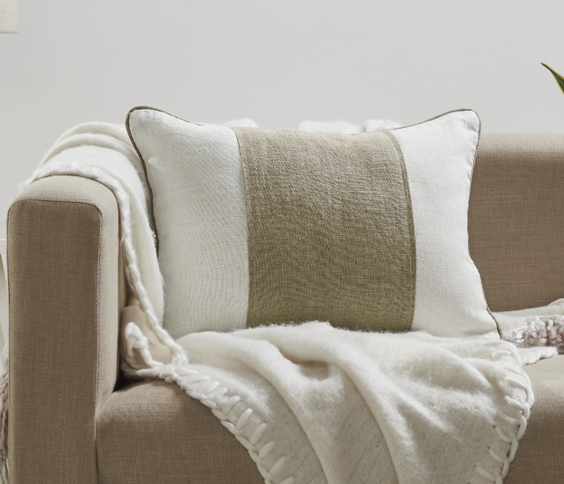C1476 Moira Linen Stripe Lumbar Pillow, White & Natural w/ Insert