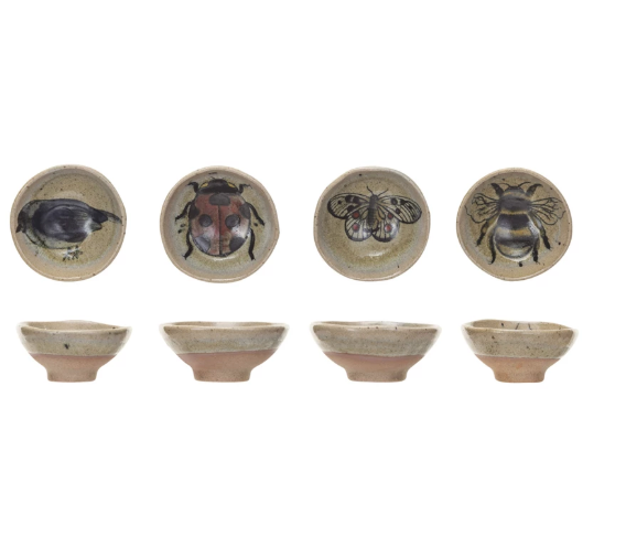 DF8808A 4" Stoneware Dish w/ Birds/Insects, 4 Styles