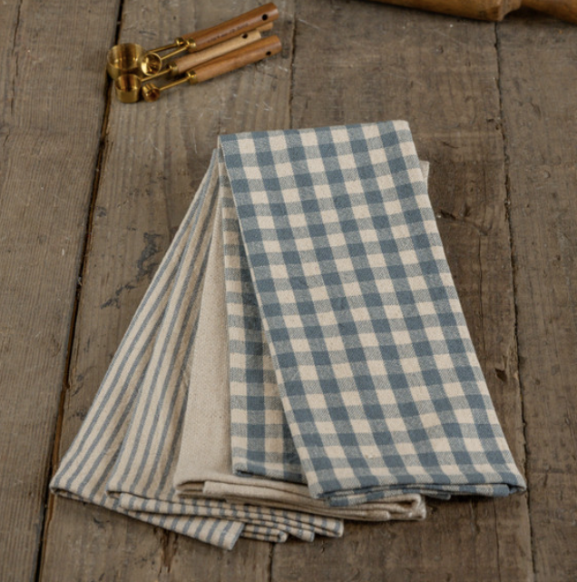 N249089 Set 3 Dusty Blue and Cream Kitchen Towels