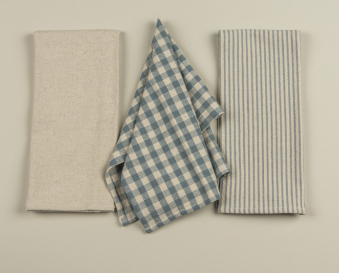 N249089 Set 3 Dusty Blue and Cream Kitchen Towels