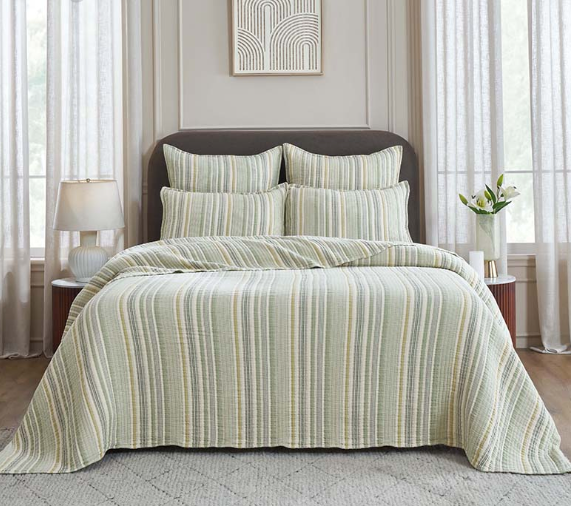 EDWARD-KC-GRN Edward Stonewash Cotton Striped Coverlet, King