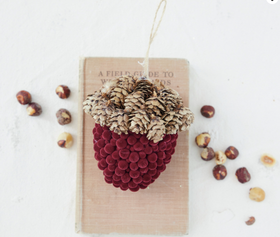 XT2371 FLOCKED FOAM BALL ACORN SHAPED ORNAMENT WITH PINECONES BURGA