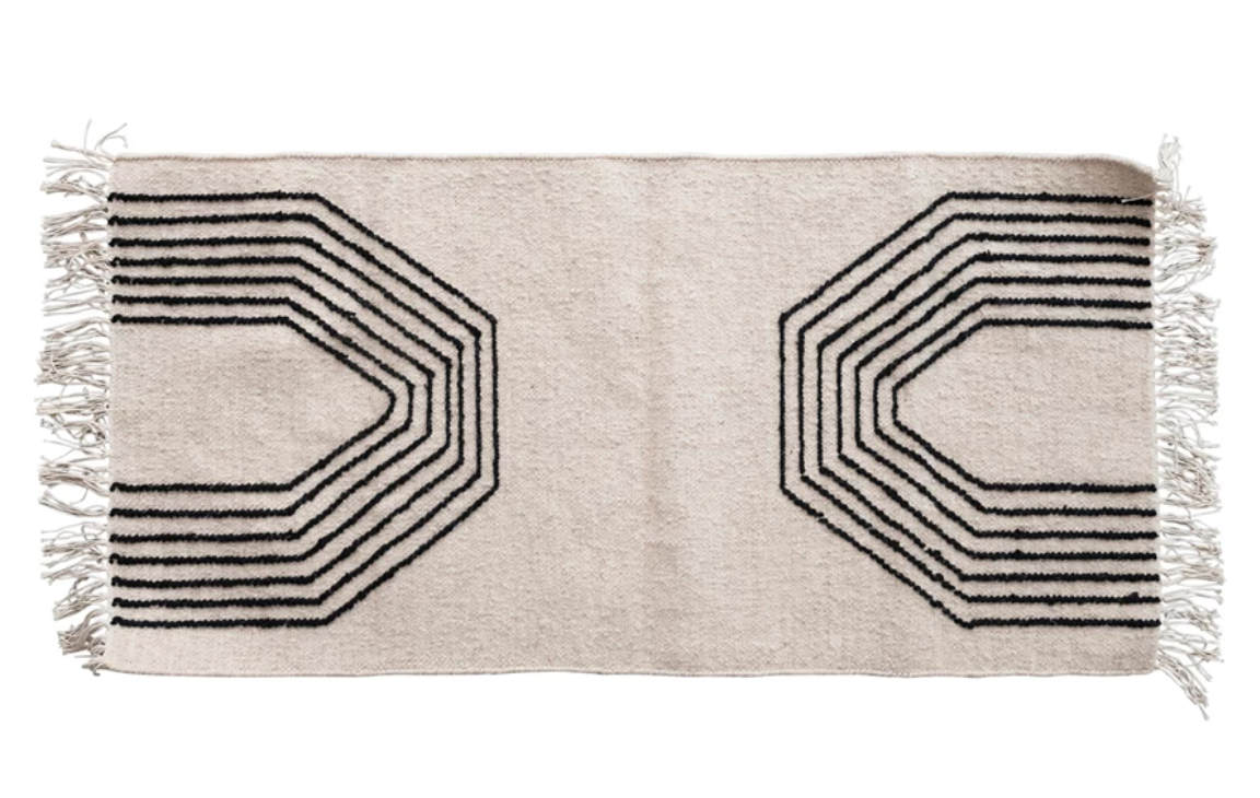 Woven Wool Blend Rug with Geometric Design and Fringe