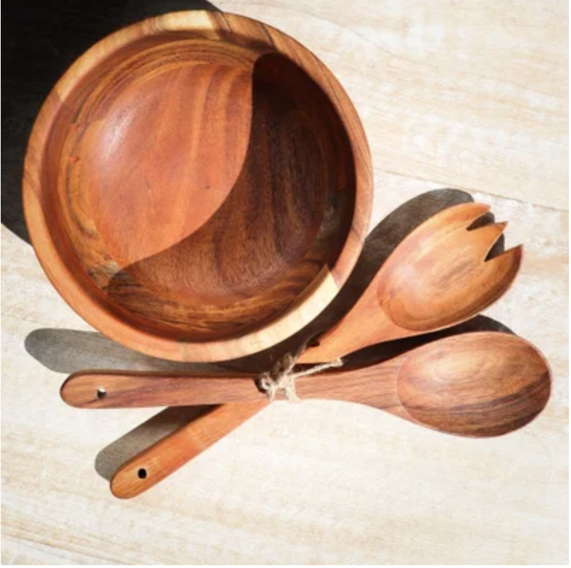 Wood Bowl with Serving Spoons