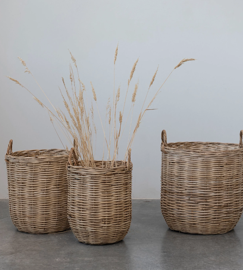 DF7047-l Hand-Woven Rattan Basket w/ Handles, Natural