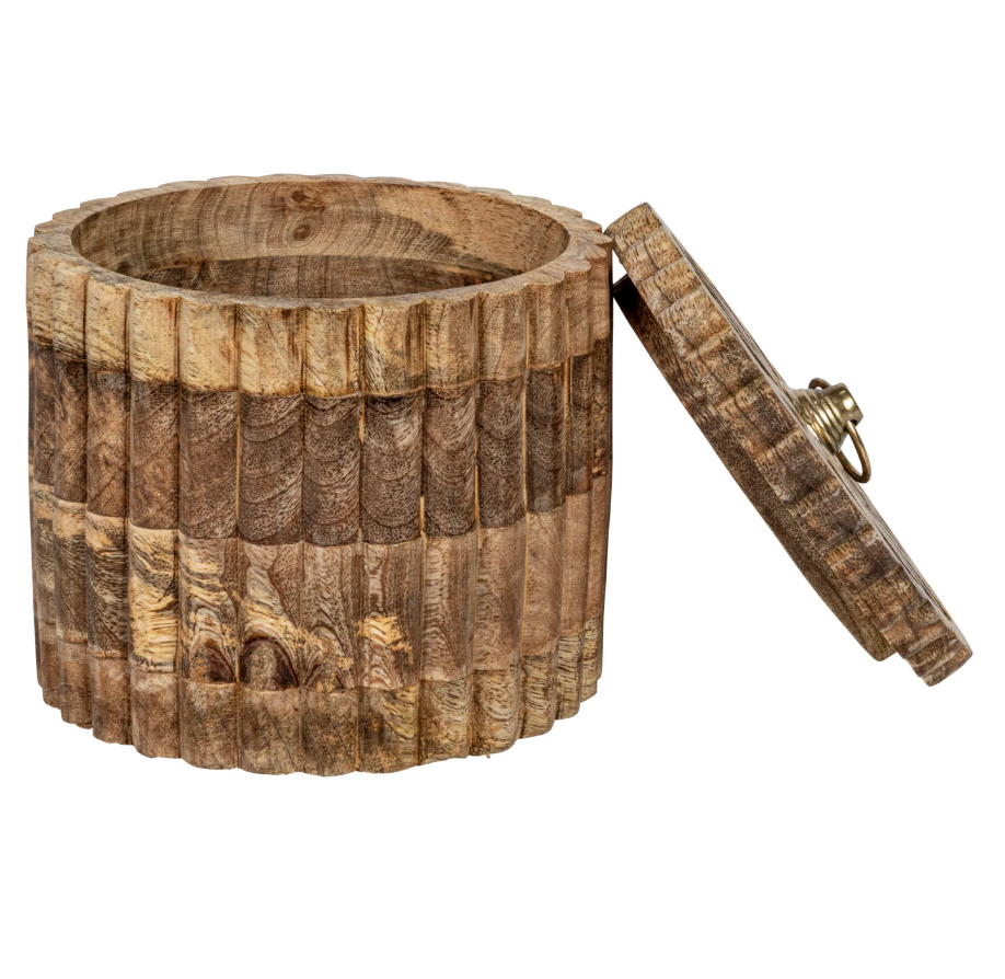 DF8023 Carved Mango Wood Pleated Box w/ lid & Metal Pull