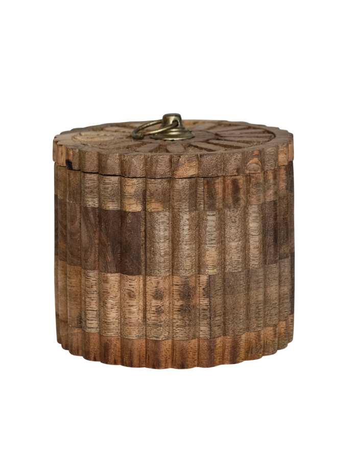 DF8023 Carved Mango Wood Pleated Box w/ lid & Metal Pull