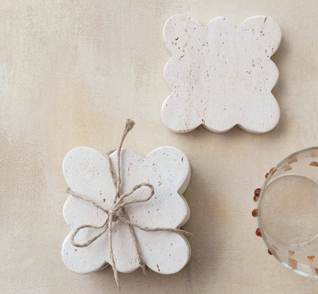 DF9533 4" Square Travertine Coasters w Scalloped Edge