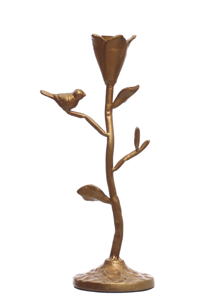 DF7996 Hand Forged Cast Iron Candelabra w/ Flowers 10 3/4" H