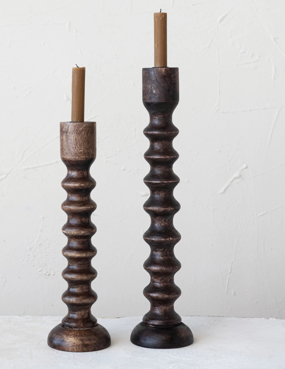 7061 21" Hand carved Mango wood Taper Holder, Black