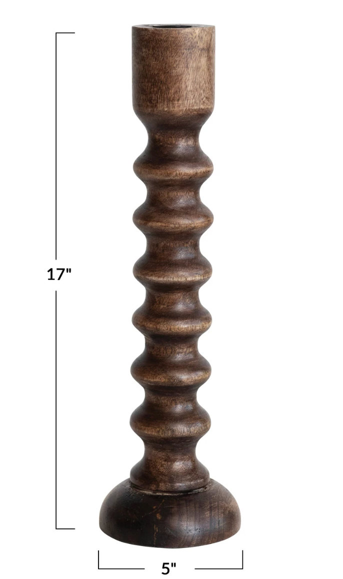 7060 17" Hand carved Mango wood Taper Holder, Black