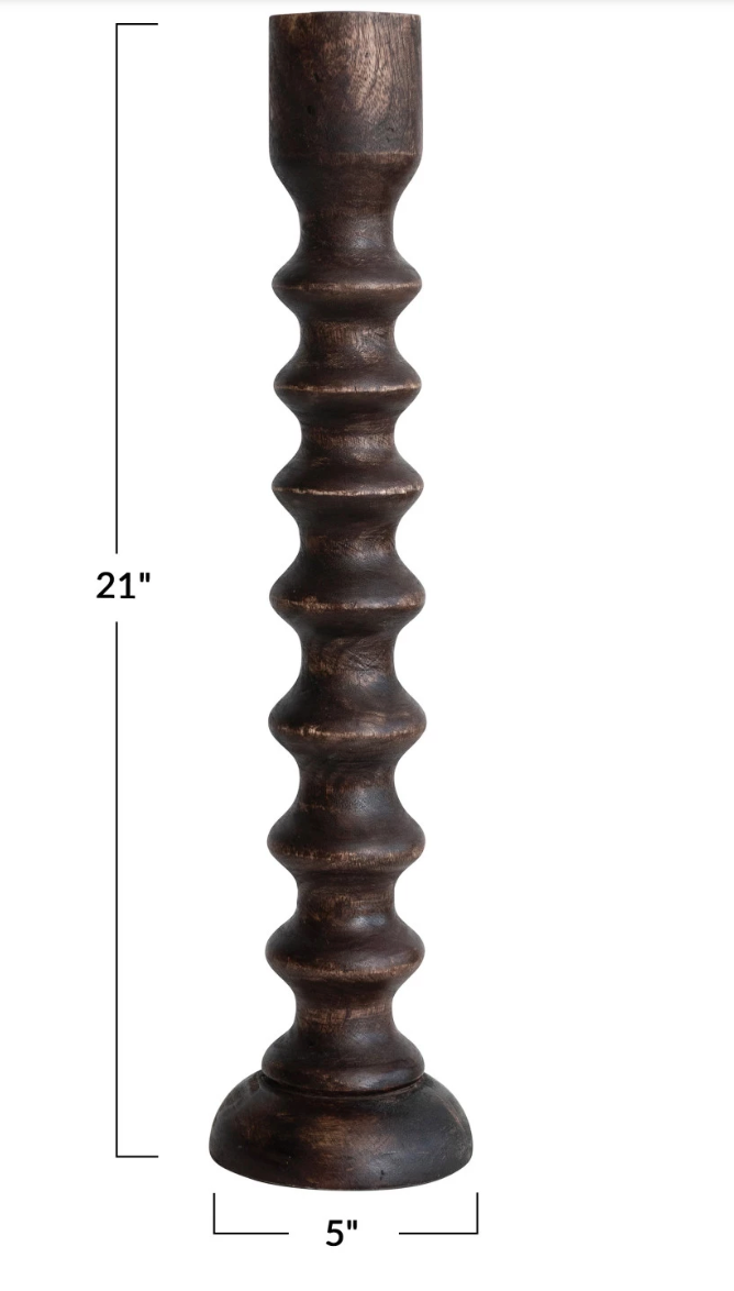 7061 21" Hand carved Mango wood Taper Holder, Black