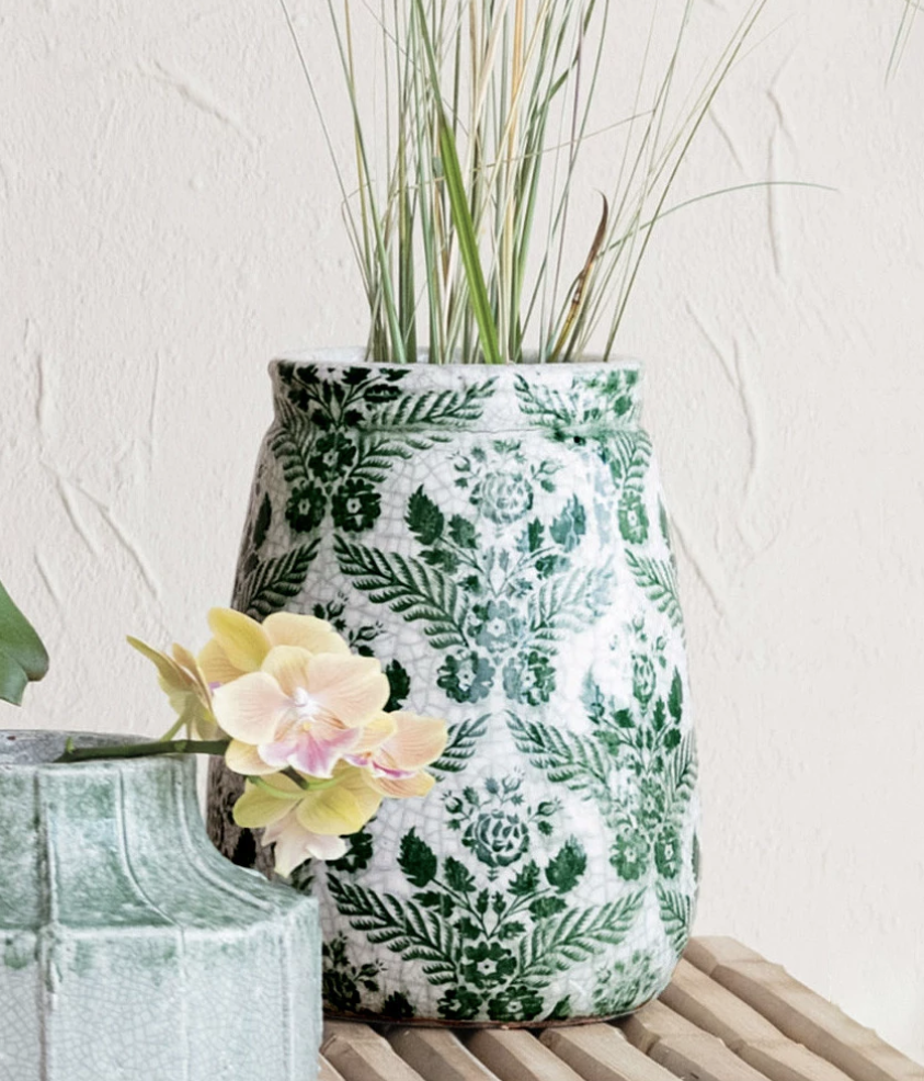 DF8703 Terracotta Planter w/ Transferware Pattern