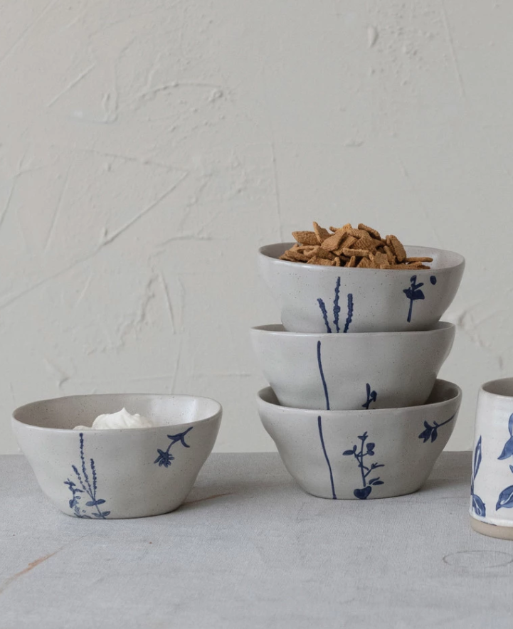 DF6634A Hand-Stamped Stoneware Bowl, 4 Styles