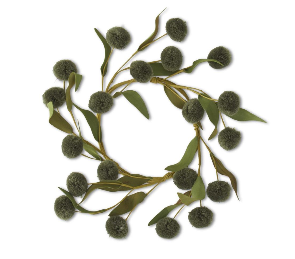 16464C-GR 8.5" Green Pompom with Green Eva Leaves Candle Ring