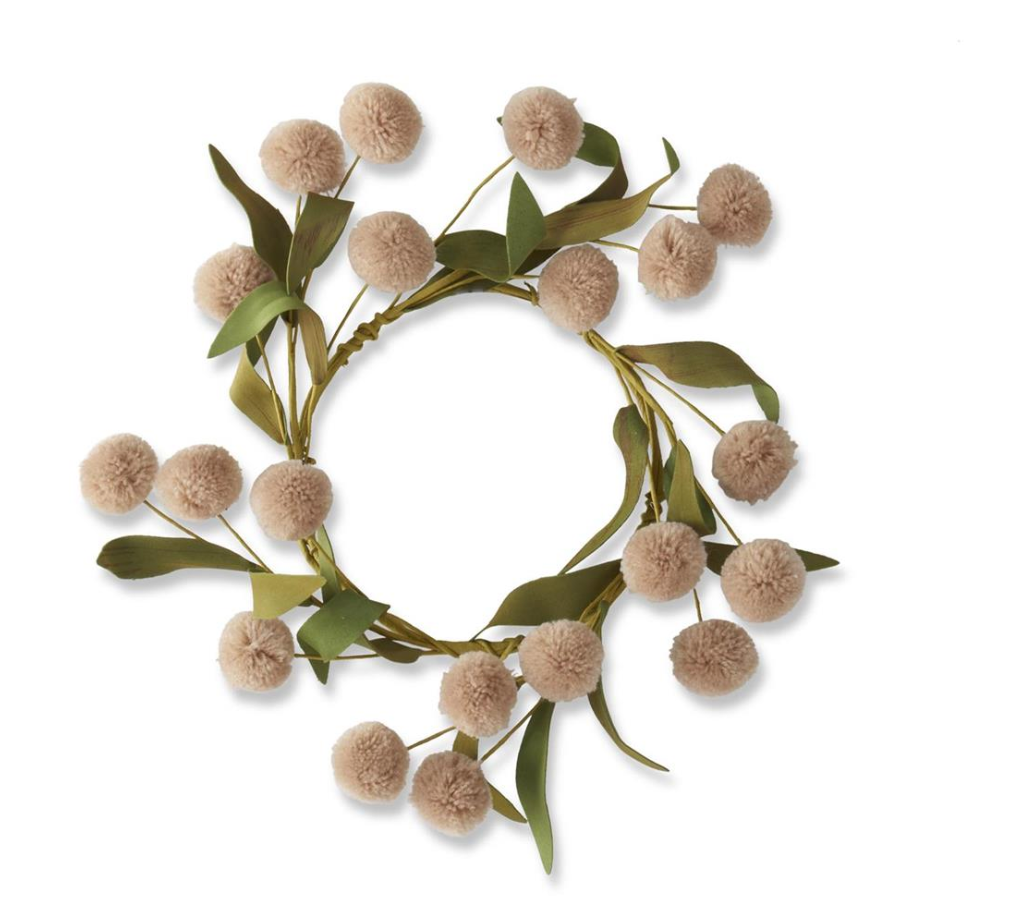 16464C-TN 8.5" Tan Pompom with Green EVa Leaves Candle Ring