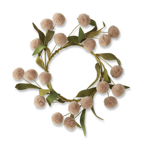 16464C-TN 8.5" Tan Pompom with Green EVa Leaves Candle Ring