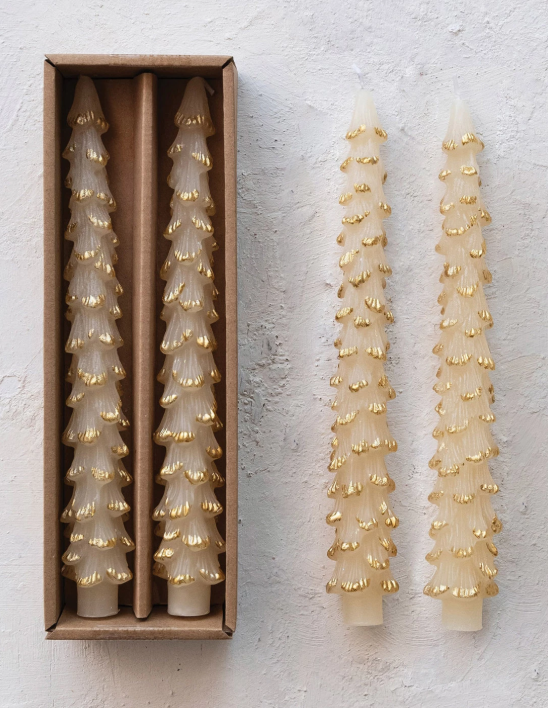 XS4559 10" Tree Shaped Candles, Cream & Gold