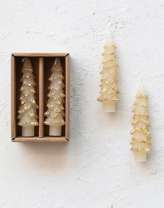 XS4564 4.75" Tree Shaped Candles, Cream & Gold