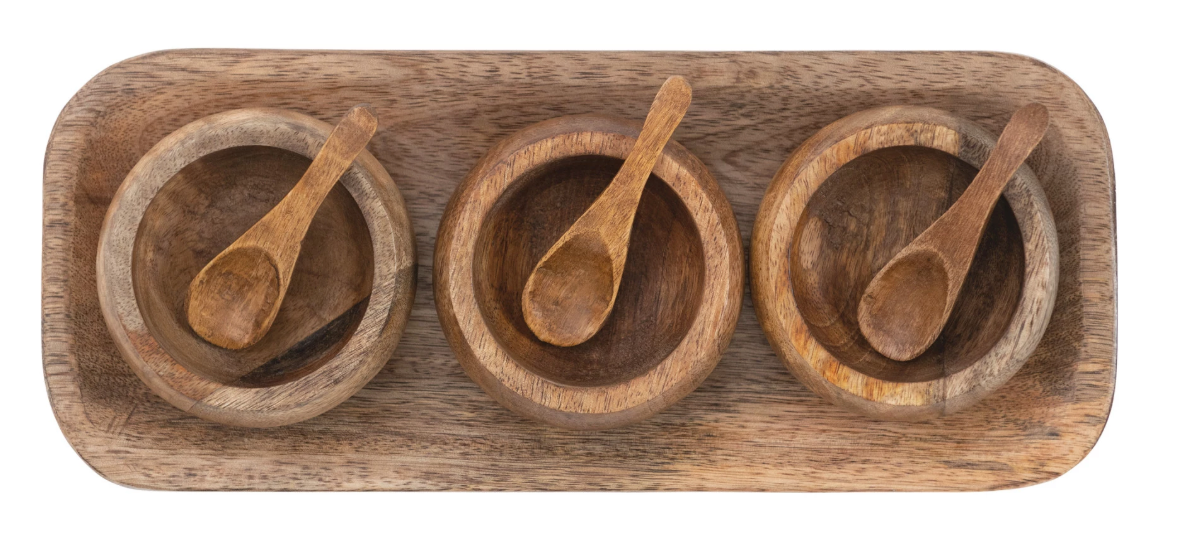 AH2073 Mango Wood Tray with 3 Bowls and 3 Spoons