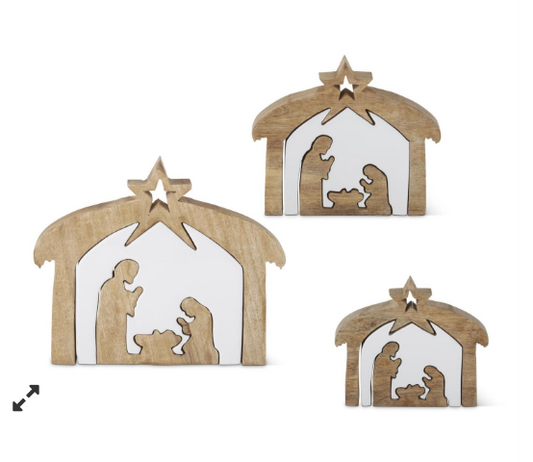 55420B-3 wood nativity with withe enameled center cutouts