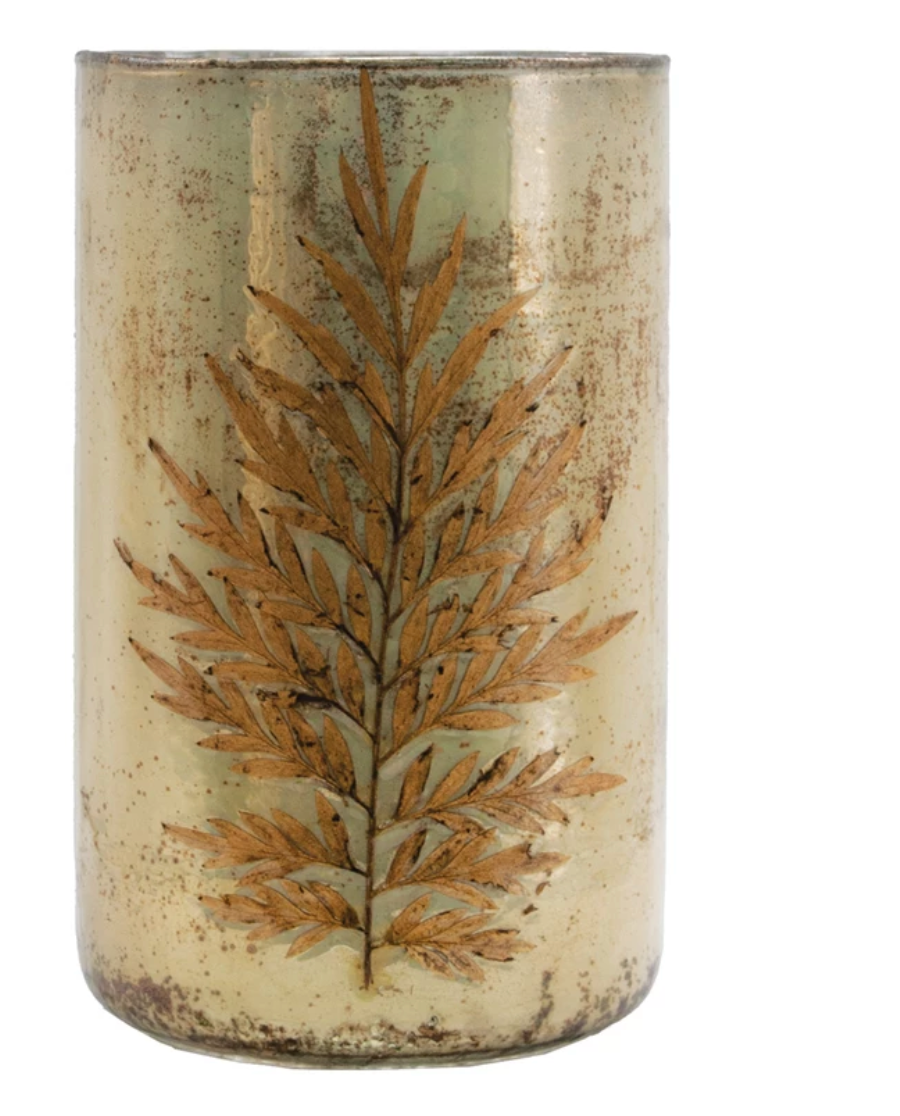 XS8019 Mercury glass Vase with embedded Silver Oak Leaves