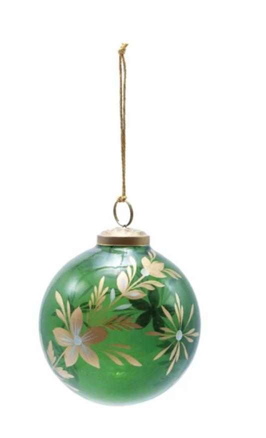 XS9988 Glass Ball Ornament with flowers, Green and gold finish
