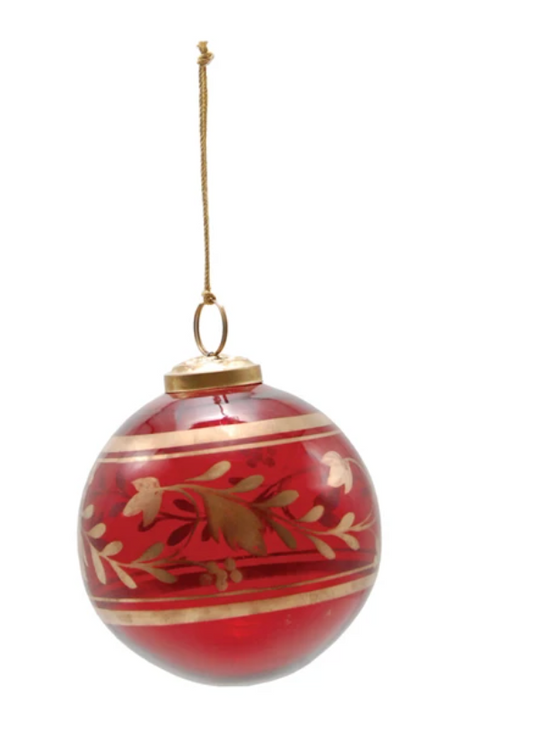 XS9989 Glass Ball Ornament with Botanicals, Red and Gold finish