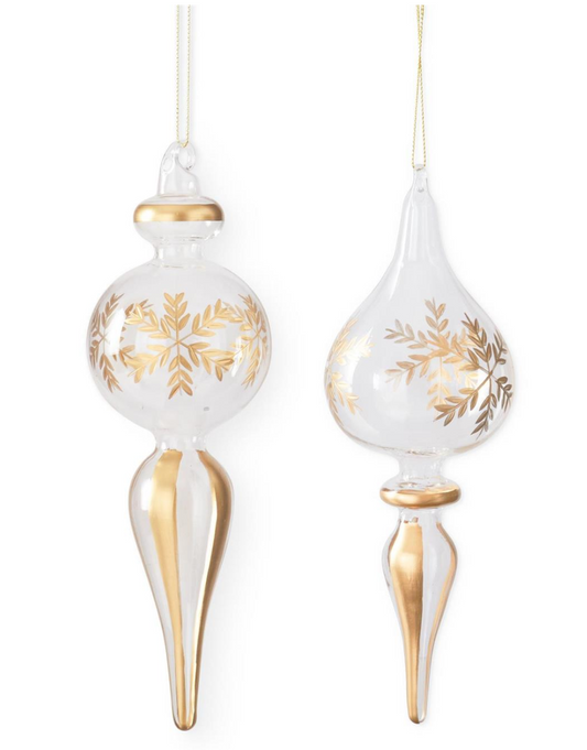 56131A-GO Assorted Finial Clear Glass Gold Etched Snowflake ornaments
