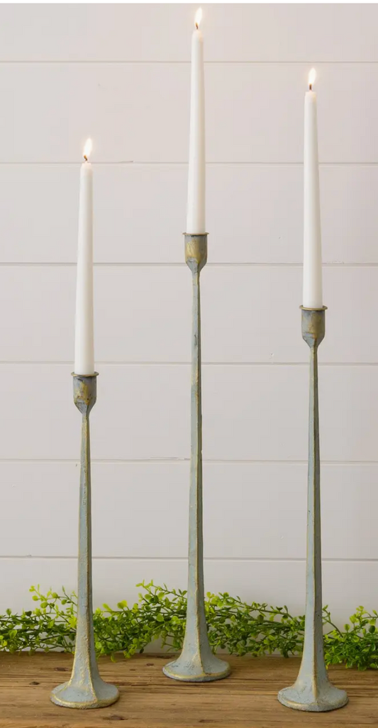 8T2318-M Hand Forged Metal Candle Holders, Verde Green Patina