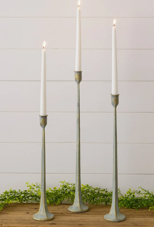 8T2318-S Hand Forged Metal Candle Holders, Verde Green Patina