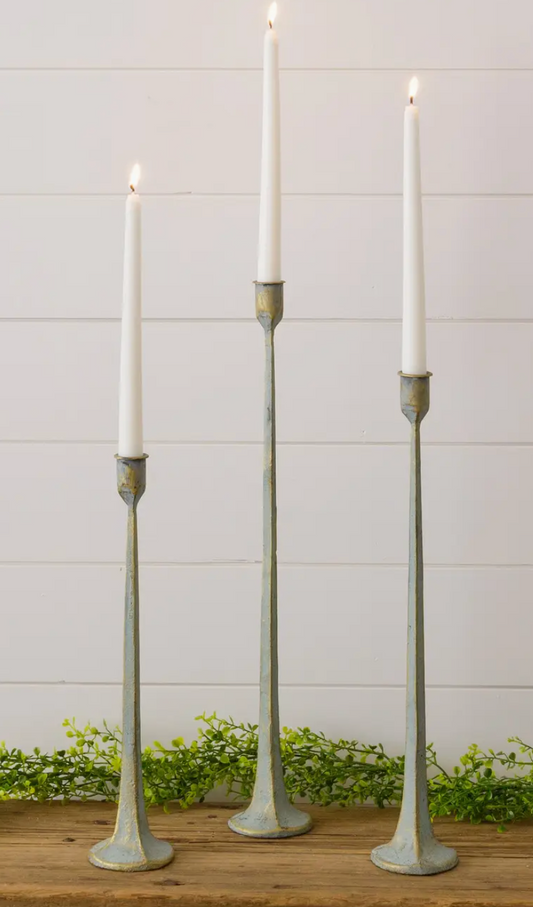 8T2318-L Hand Forged Metal Candle Holders, Verde Green Patina