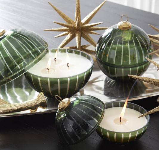 55849C-GR 7" Green Etched Glasss Filled Ornament Candle