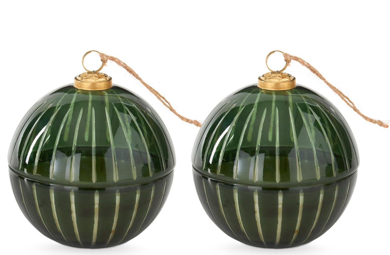 55849B-GR 6" Green Etched Glass Filled Ornament Candle