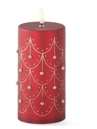 56065B-RD 6.75" Gold Trim Red Pillar Candle with Led Flame & timer