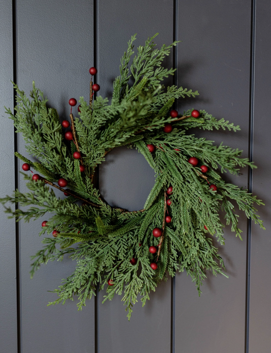 8819 14" Red Plum Berry Norfolk Cypress Wreath