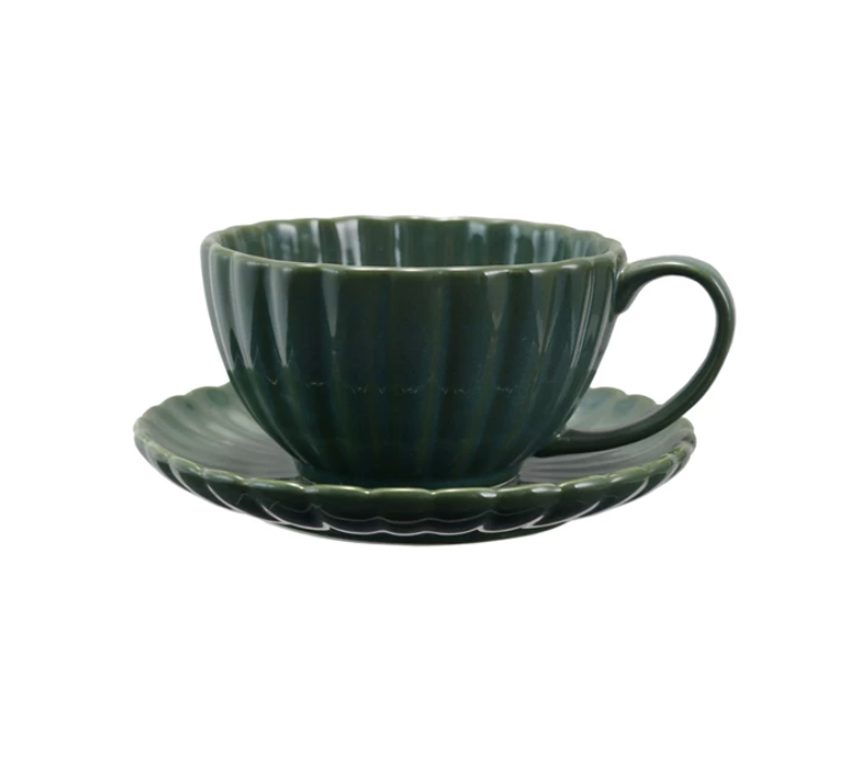 DF1103 10oz. Stoneware Pleated Mug w/ Saucer, Forest Green