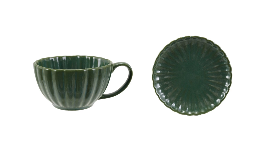 DF1103 10oz. Stoneware Pleated Mug w/ Saucer, Forest Green