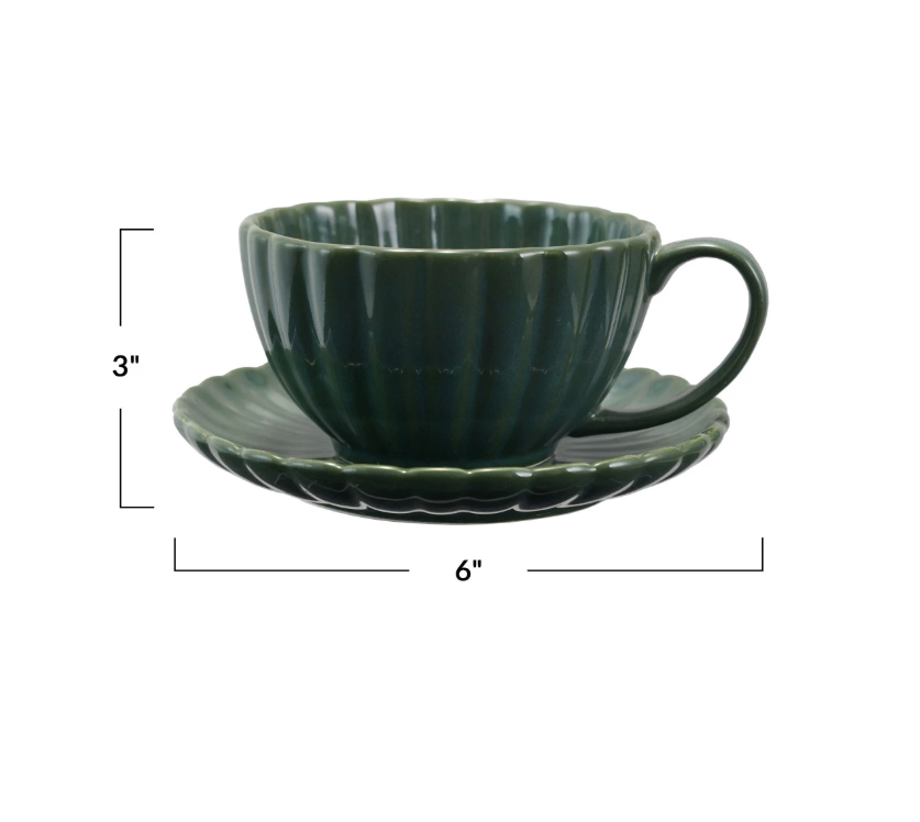 DF1103 10oz. Stoneware Pleated Mug w/ Saucer, Forest Green