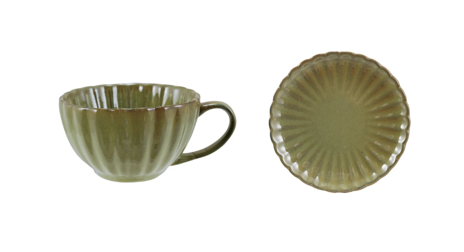 DG1108 10oz. Stoneware Fluted Mug w/ Saucer, Sage Green