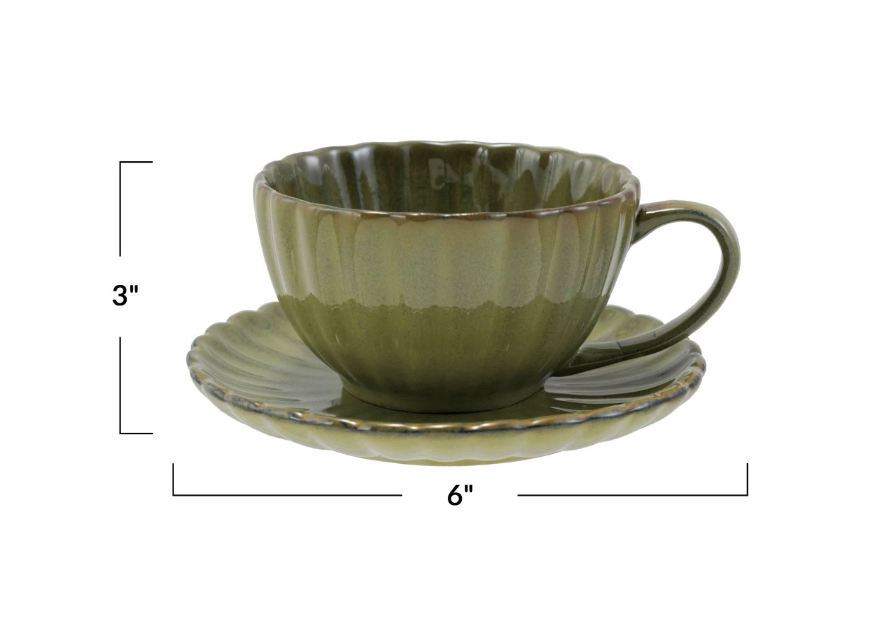 DG1108 10oz. Stoneware Fluted Mug w/ Saucer, Sage Green