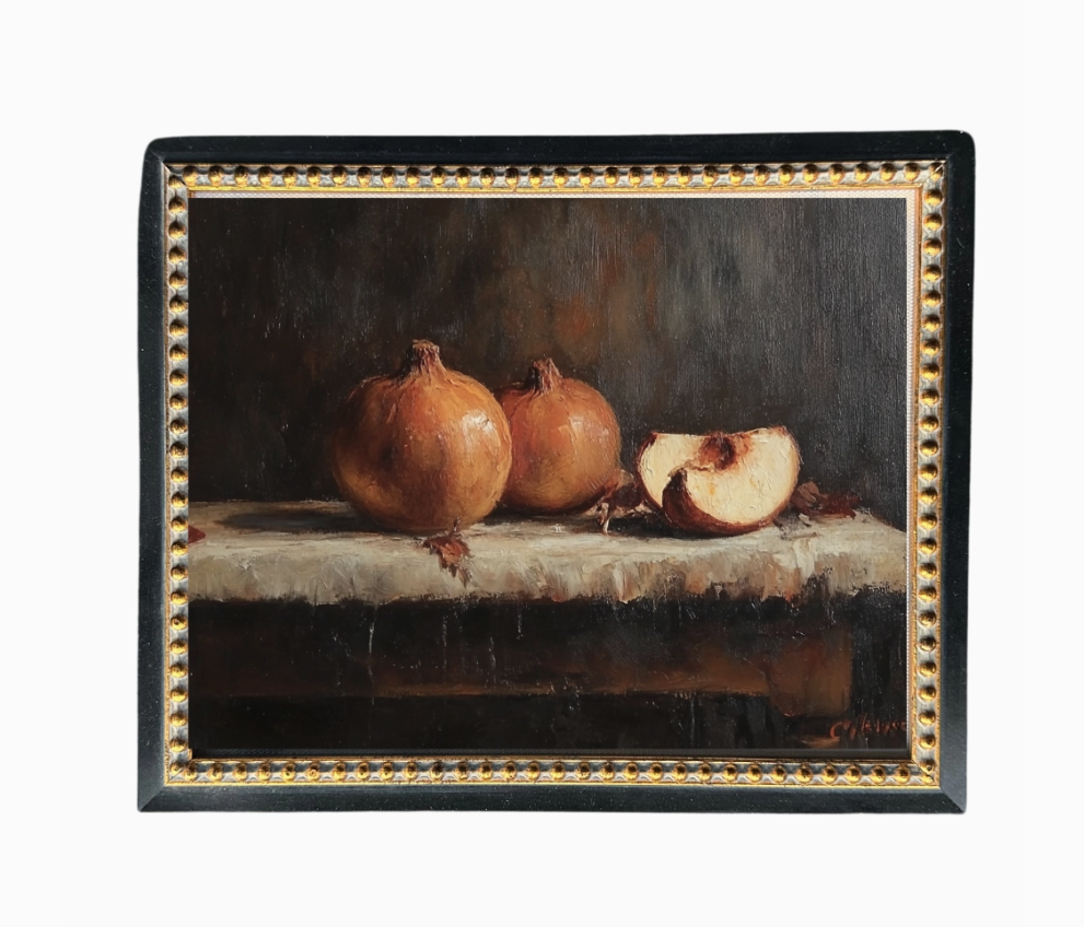 Moody Pomegranate Gold Beaded Black French Framed Art 8x10