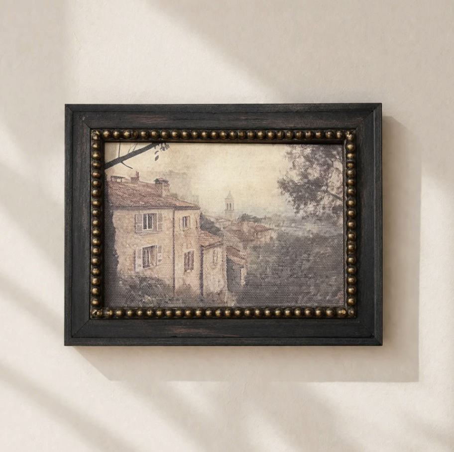 Vintage European Town Black Beaded Framed Art 5x7